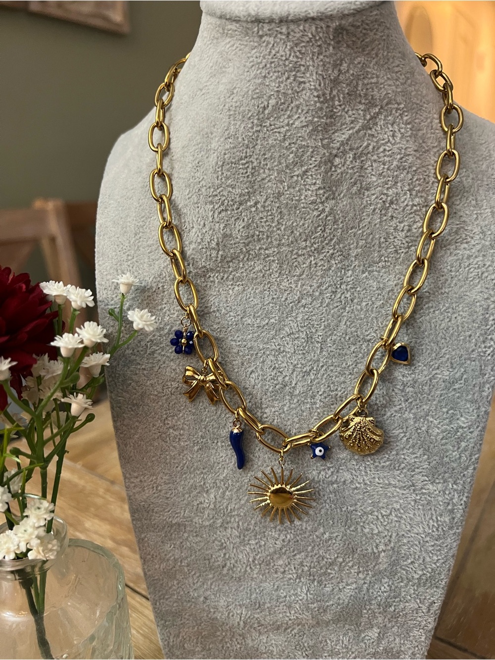 Gold Chain Charm Necklace with Blue Accents